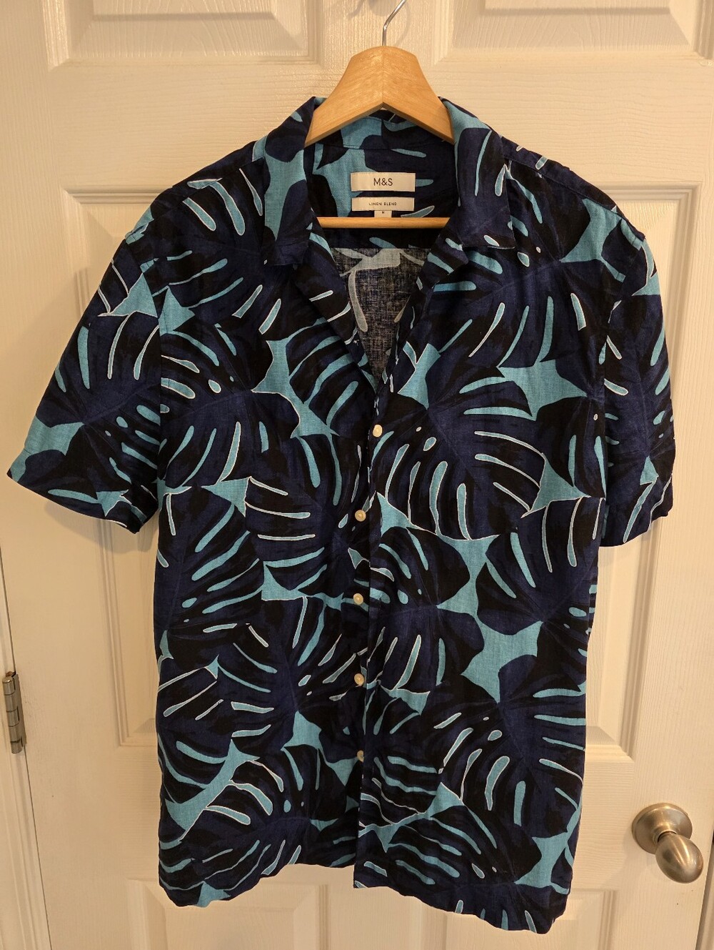 M&S Marks & Spencer Blue Monstera Leaf Linen Blend Shirt M
